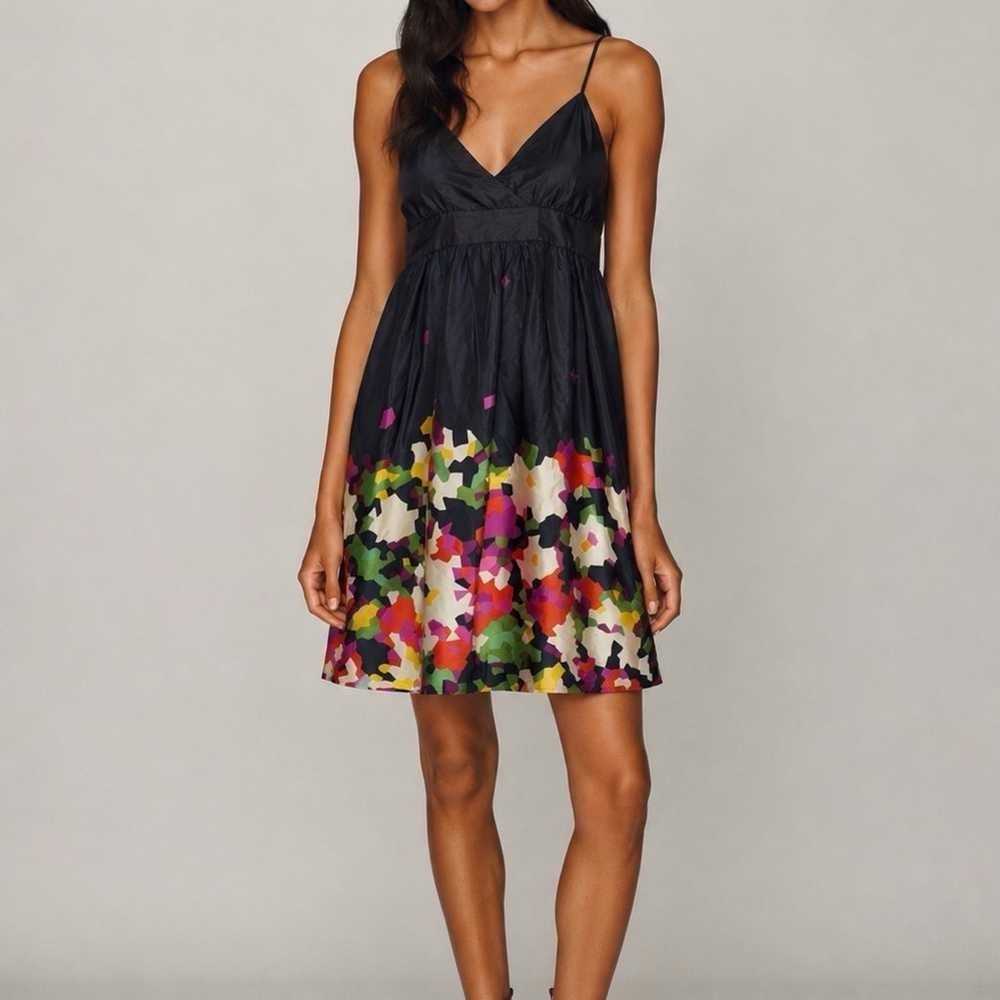 THEORY Fit & Flare Dress Silk Size 2 Navy Blue Abstract Floral Spaghetti Strap